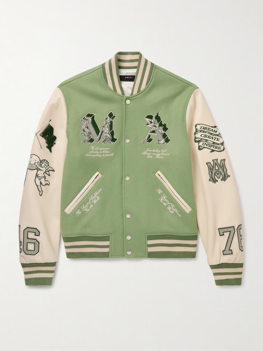 Amiri MA Angel Embellished Melton Wool - Blend Twill and Leather Varsity Jacket Leaf Green - La Familia Street Culture - Amiri