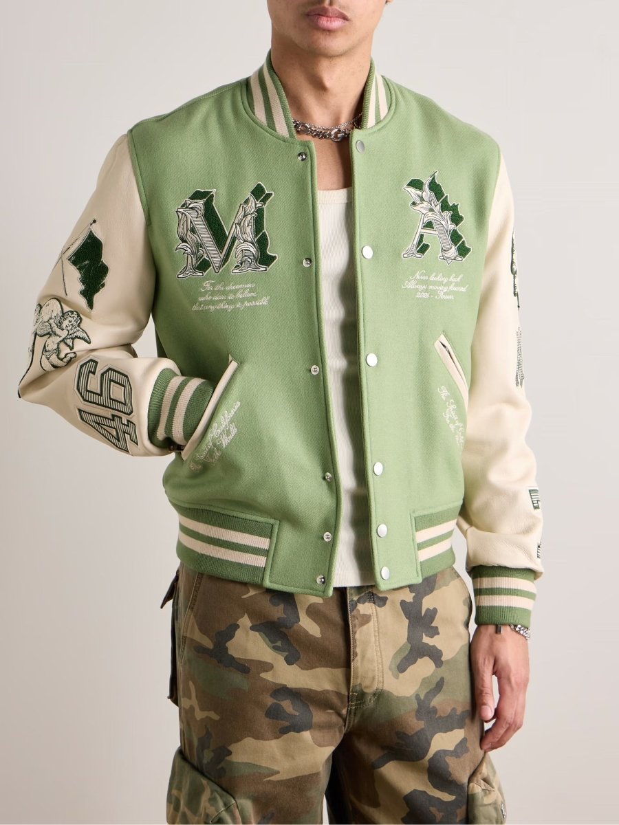 Amiri MA Angel Embellished Melton Wool - Blend Twill and Leather Varsity Jacket Leaf Green - La Familia Street Culture - Amiri