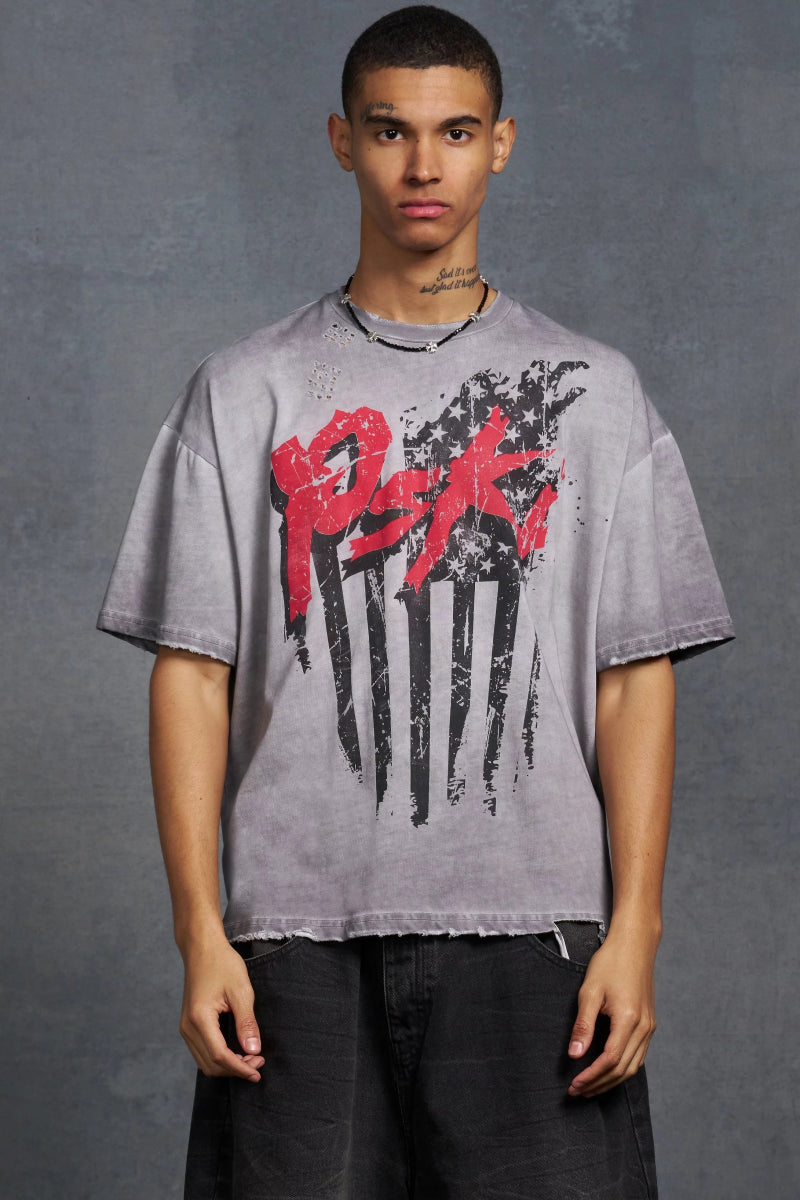 P - Star Oversized Boxy T - Shirt Flag Print Grey - La Familia Street Culture - P Star