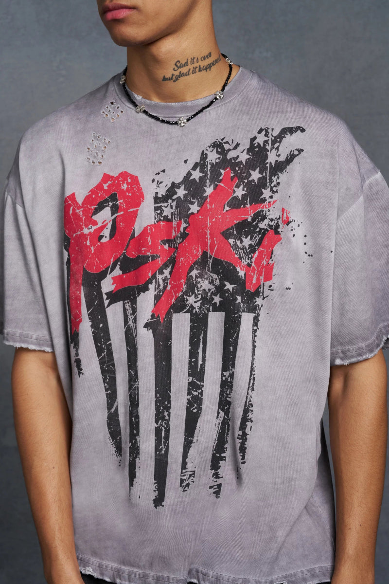 P - Star Oversized Boxy T - Shirt Flag Print Grey - La Familia Street Culture - P Star