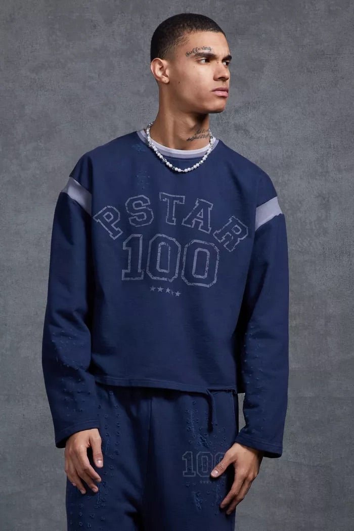 P - Star Oversized Cropped Sweashirt 100 Print Navy - La Familia Street Culture - P Star