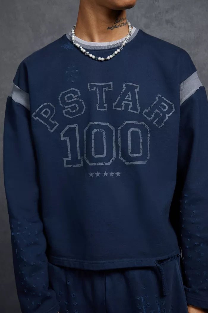 P - Star Oversized Cropped Sweashirt 100 Print Navy - La Familia Street Culture - P Star