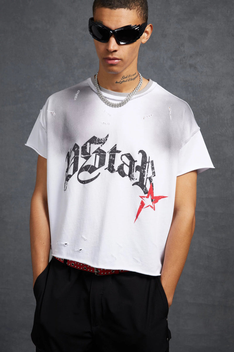 P - Star Oversized Cropped T - Shirt P - Star Print White - La Familia Street Culture - P Star